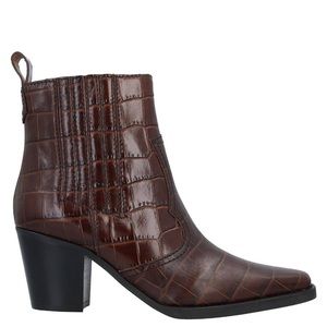 Ganni Brown Croc embossed leather boots with western flair, size 10, EU 40.